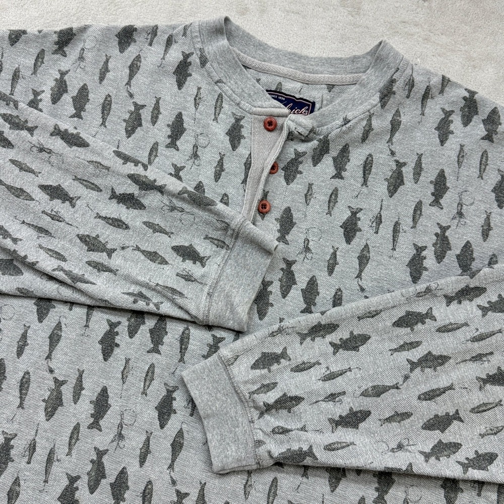 VTG Woolrich Henley Shirt Men XL Grey Fish Lure Print Cotton Long Sleeve Outdoor